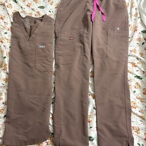 Figs Women's Scrub Set in Brown with Pink Accents